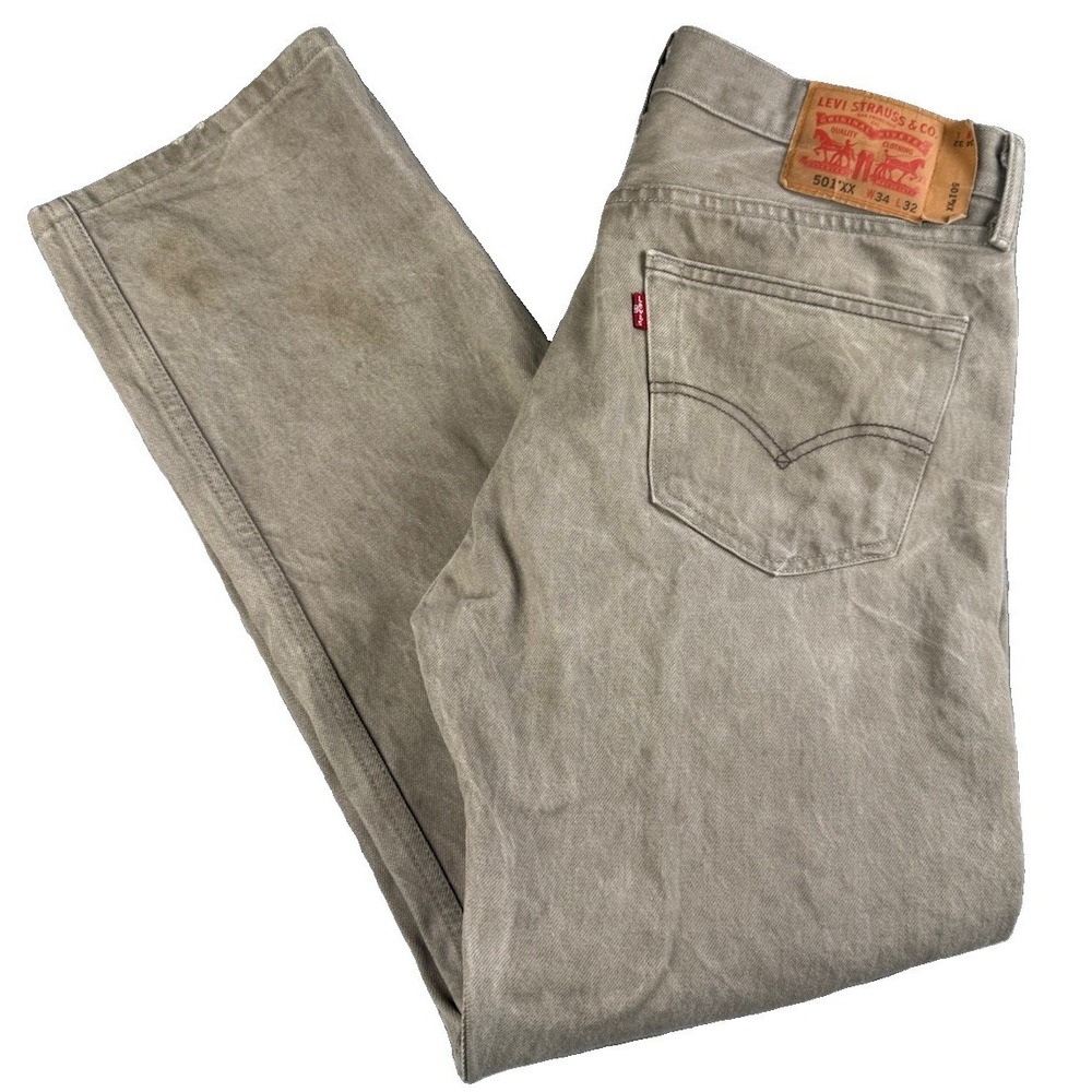 Levis 501XX Jeans Mens 34x32 Gray Taupe Faded Distressed Grunge Button Fly